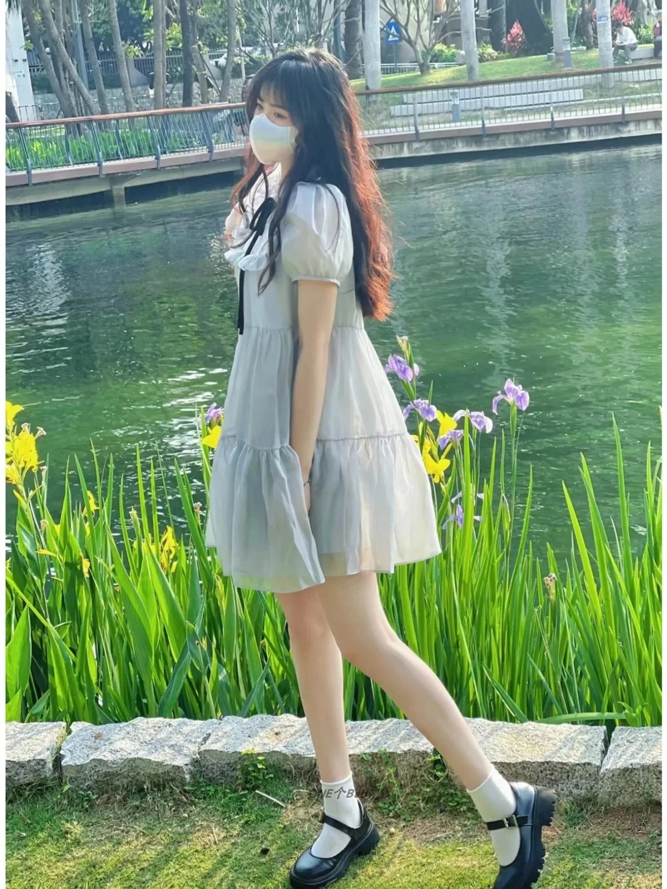 Chiffon Dress Women 2023 Spring Summer New Japanese Cute Splice Bow Tie Dresses Fashion Elegant Sweet Fit A-line Skirt Womens