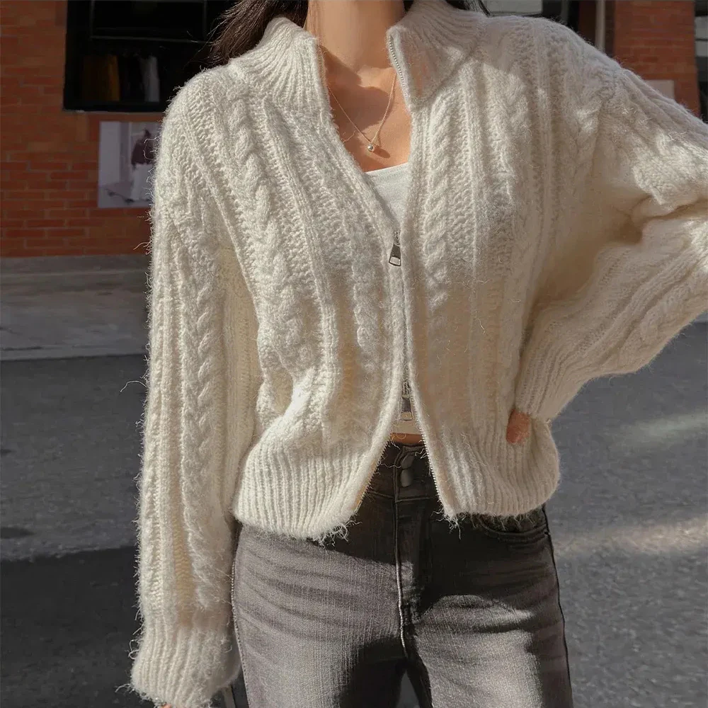 Korean Sle Thiened Heavy Work Long Sve Knitted Cardigan Sweater Zipper f High Collar Women's Outerwear Spring 2026