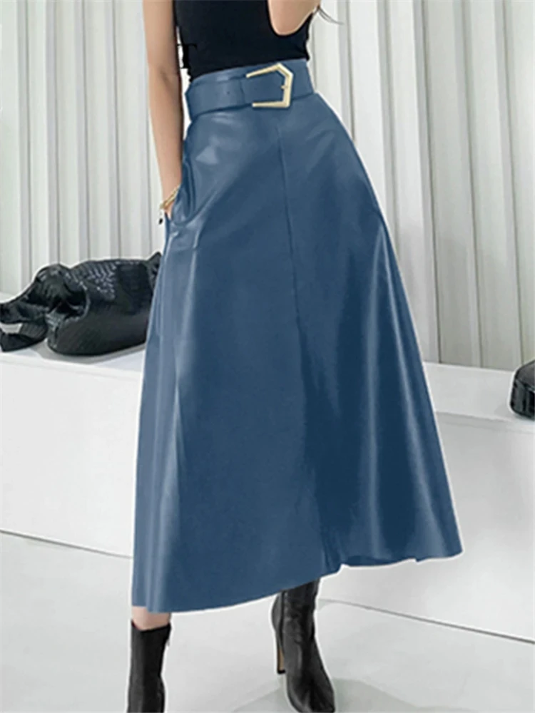 

Classic Faux PU Leather Long Skirts with Belted New High Waist Fashion Umbrella Skirts Ladies Female Autumn Winter