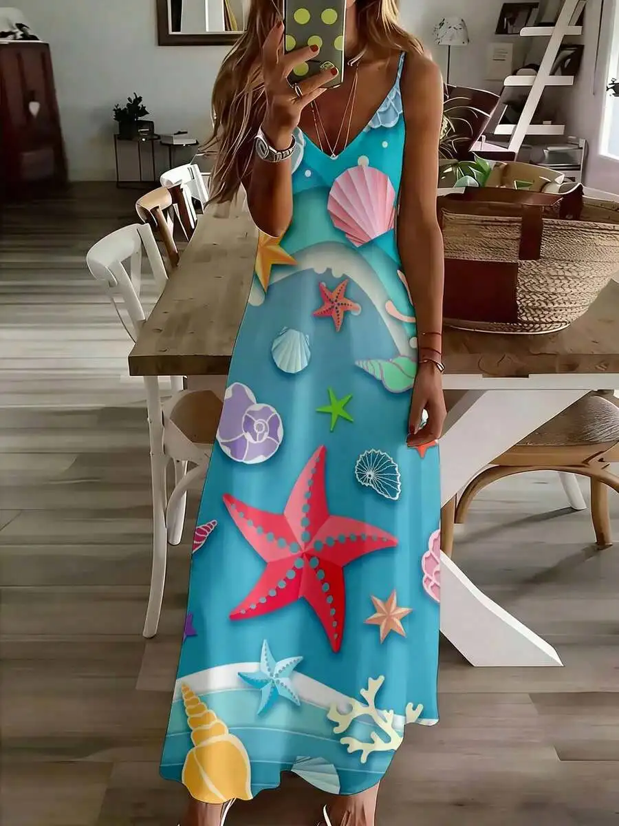 

Sleeveless Maxi Dress With Sea Shell And Starfish Print For Women Summer Beach Vacation Casual Wear