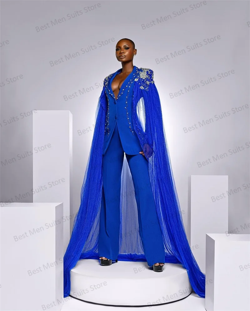 Kristallen Blauwe Cape Vrouwen Pakken Broek Set 2 Stuk Office Lady Wrap Jasje Prom Dress Bruiloft Smoking Custom Made Jasje Outfit