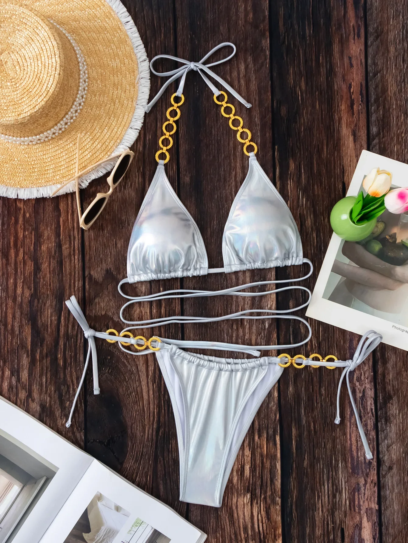 

Сексуальные комплекты бикини с металлическим золотом и серебром из двух частей, металлическое кольцо, цепочка, стринги, галстук, купальник, купальный костюм, купальники, бикини, бакини