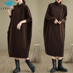6077 Winter Fall Fashion Long Dress for Women Turtleneck Solid Color Loose Casual Comfortable Casual Base Frock Female Clothing