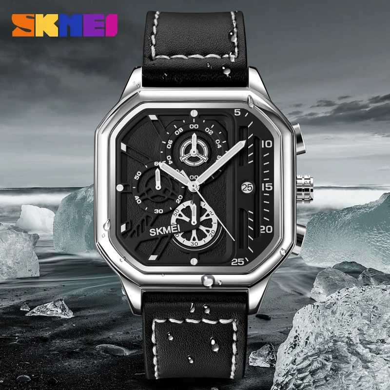 SKMEI Fashion Stopwatch Date Sports Watches Mens Luxury Genuine Leather Strap Quartz Wristwatch Waterproof Clock reloj hombre