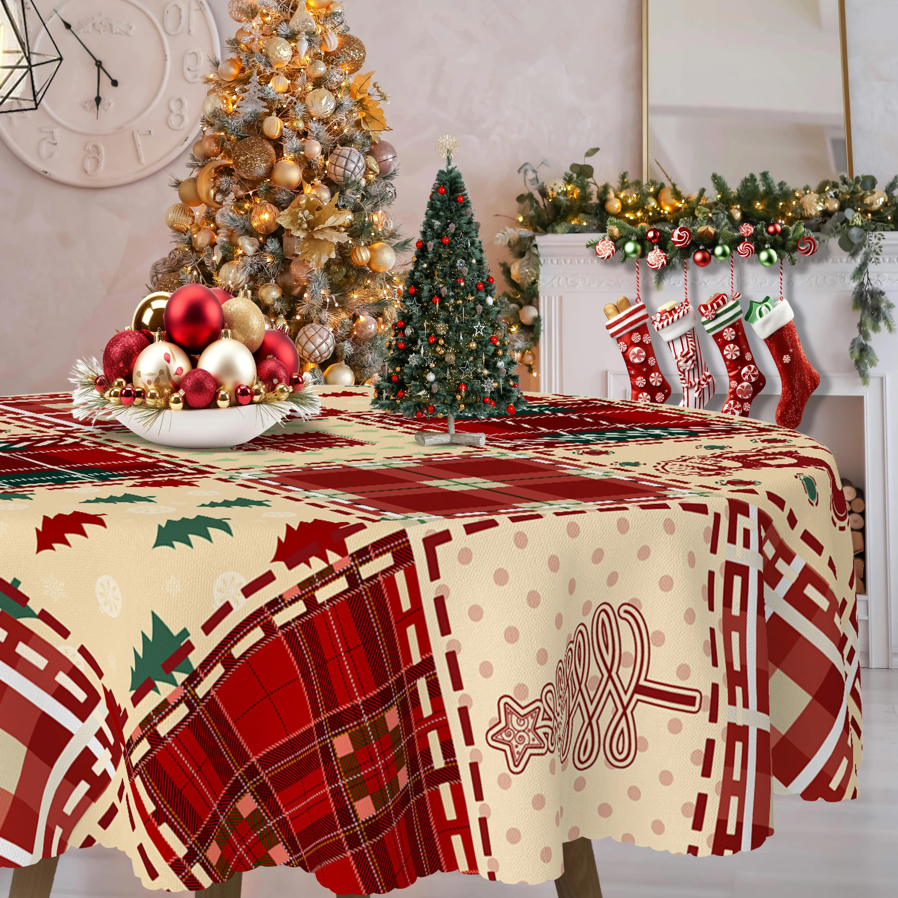 Christmas Plaid-Themed Tablecloth, Cute Christmas Plaid Style, Cartoon Cute Glove Gift Box, Christmas Tree, Snowman, Candy Cane Print Pattern, Multiple Size Options, Embossed Edge Craftsmanship, Waterproof, Wrinkle-Resistant, Fade-Resistant, Round and Rectangular Options Available, Suitable for Indoor and Outdoor Dining Table Decoration in Winter, Perfect for Home Kitchen, Restaurant, Terrace, and Courtyard Use, Ideal for Holiday Party Decoration, Perfect Christmas Gift Sj044