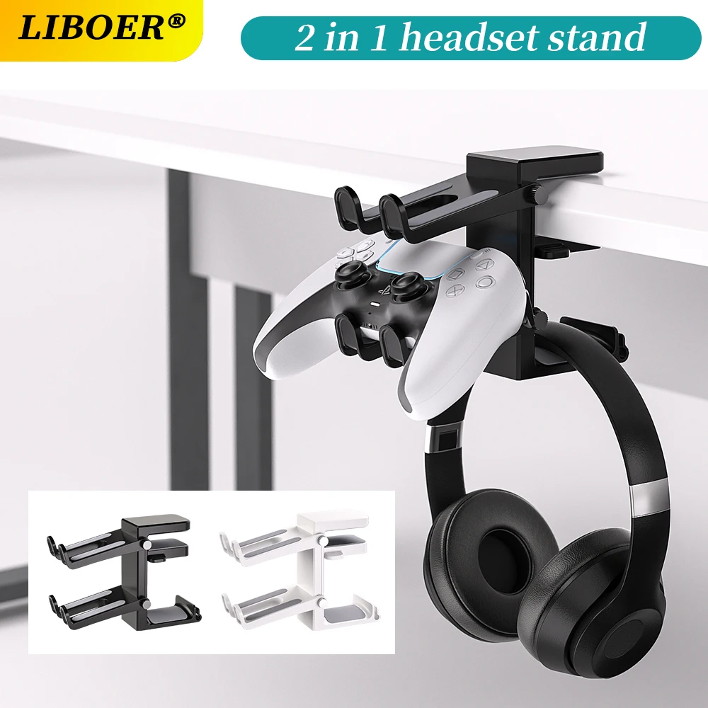 2 In 1 PC Gaming Headphone Stand Adjustable Save Space Rotation Desk-Sided Clamp Headset Support Earphone Holder