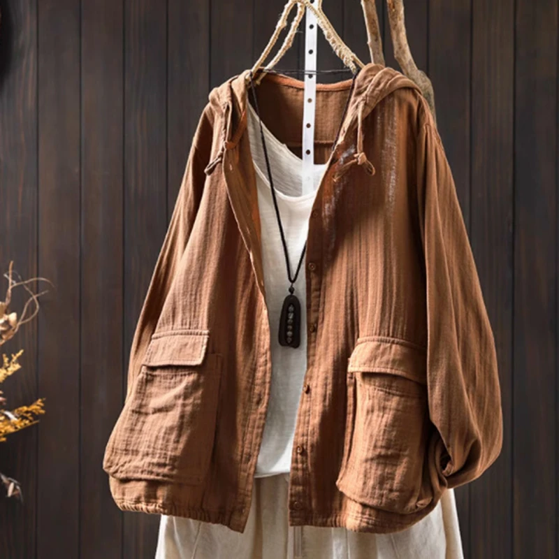 Women Long Sleeve Hooded Shirt New Arrival 2025 Spring Double Pockets Solid Color Loose Female Casual Cotton Tops Shirts M501