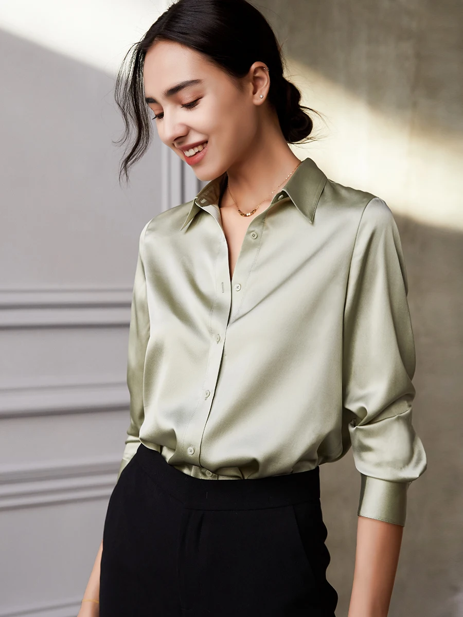 

Elegant Long Sleeve Silk Shirt Women's High-End Satin Surface 6A Silk Commute Style Button Detail Skin-friendly Brea...