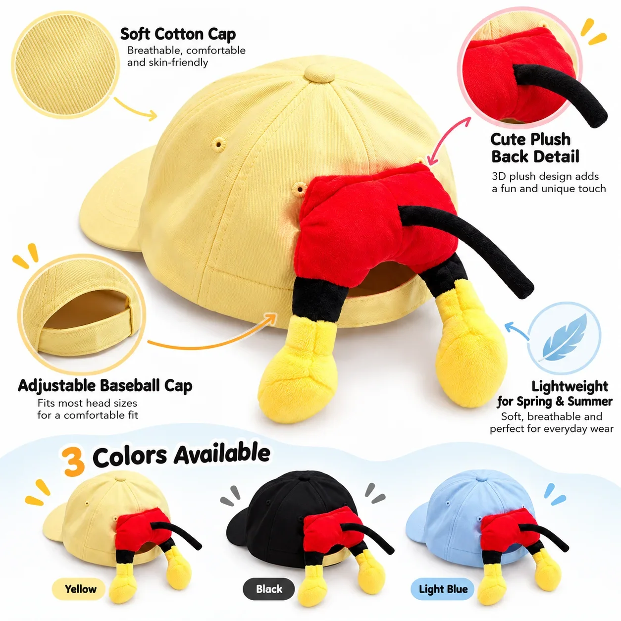 Cute Cartoon Peeking Butt Cap, Adjustable Baseball Hat, Versatile Sun Hat for Spring and Summer