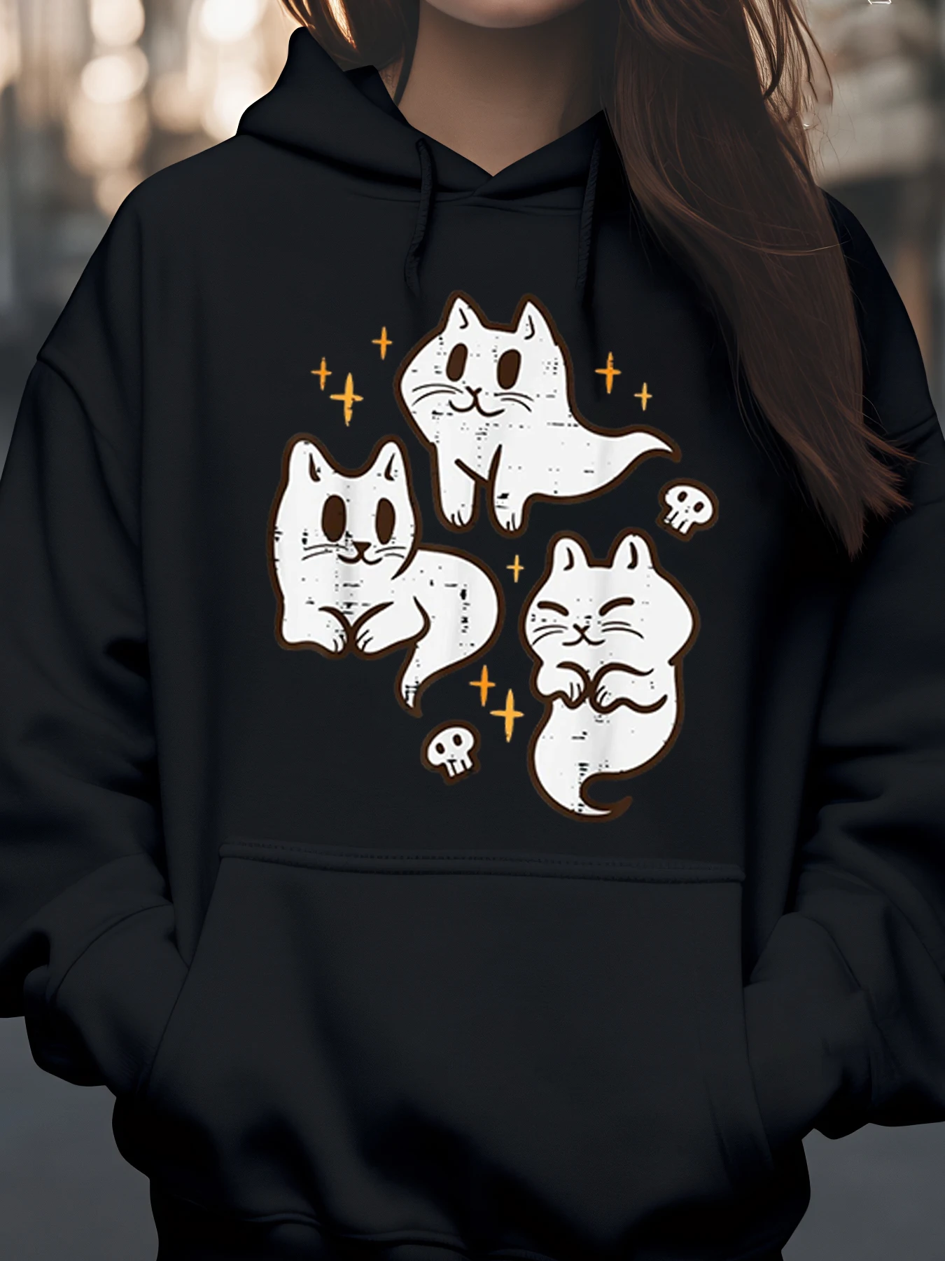 Sudadera con capucha de Halloween con estampado de gato para mujer, ropa informal, traje de fiesta