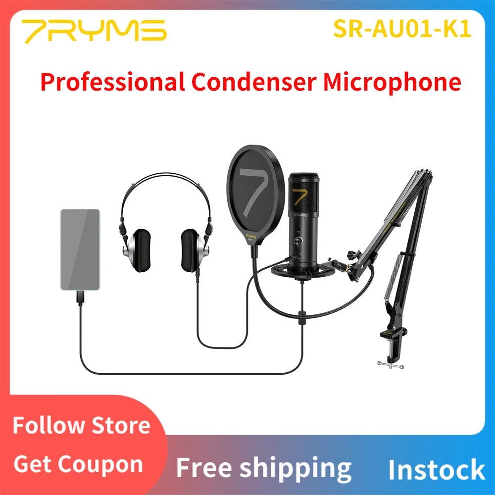 7RYMS SR-AU01-K1 USB Professional Condenser Microphone Kit for Gaming Podcasting Live Streaming YouTube Video Record