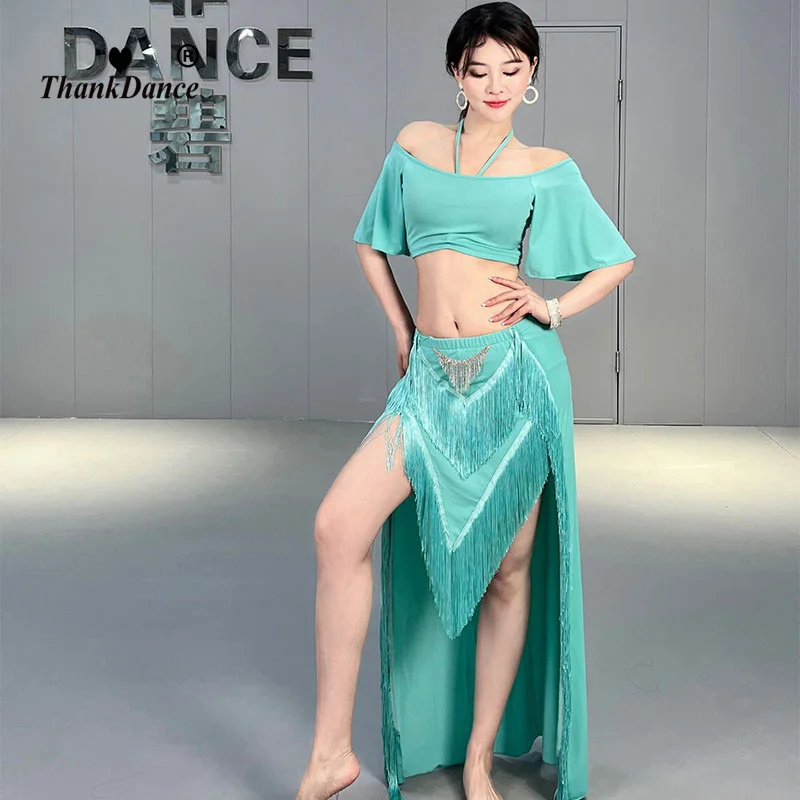 Tassel Belly Dance Practice Clothes Top+split Long Skirt 2pcs Oriental Dance Costumes Suit Women Belly Dancing Wear Outfit