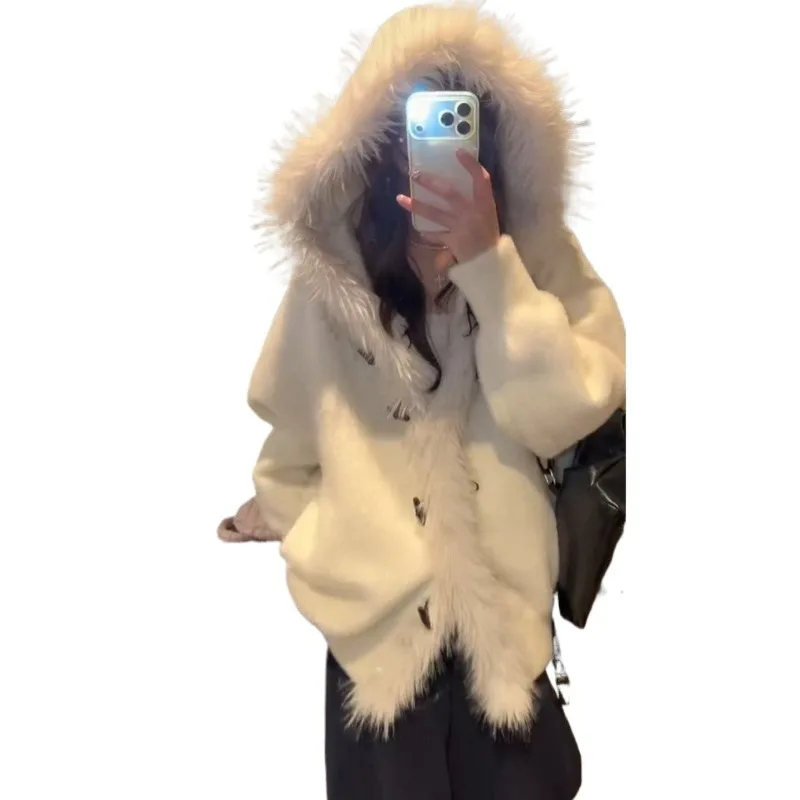 White Big Fur Collar Horn Button Sweater Cardigan Jacket Women's Super Good-looking Imitation Mink Hooded Knitted Sweater Top