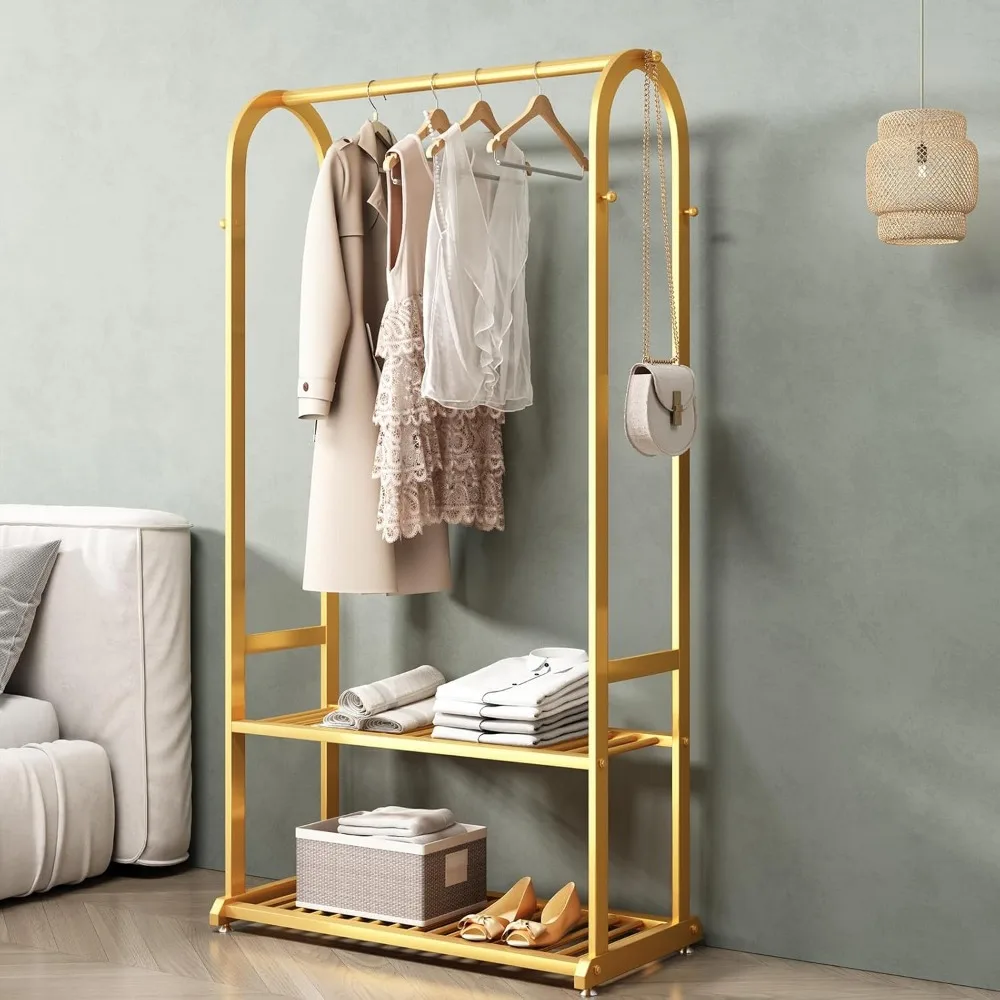 

Gold clothing rack,Heavy duty clothes rack with bottom shelves,garment rack for hanging clothes,Wardrobe rack,hanging racks for