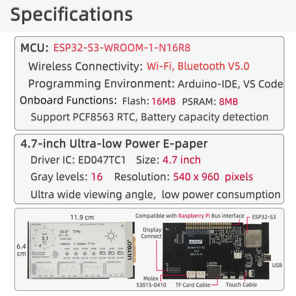LILYGO T5 4.7 Inch S3 ESP32-S3 Driver Board E-Paper Modules with 16MB FLASH and 8MB PSRAM Epaper Display