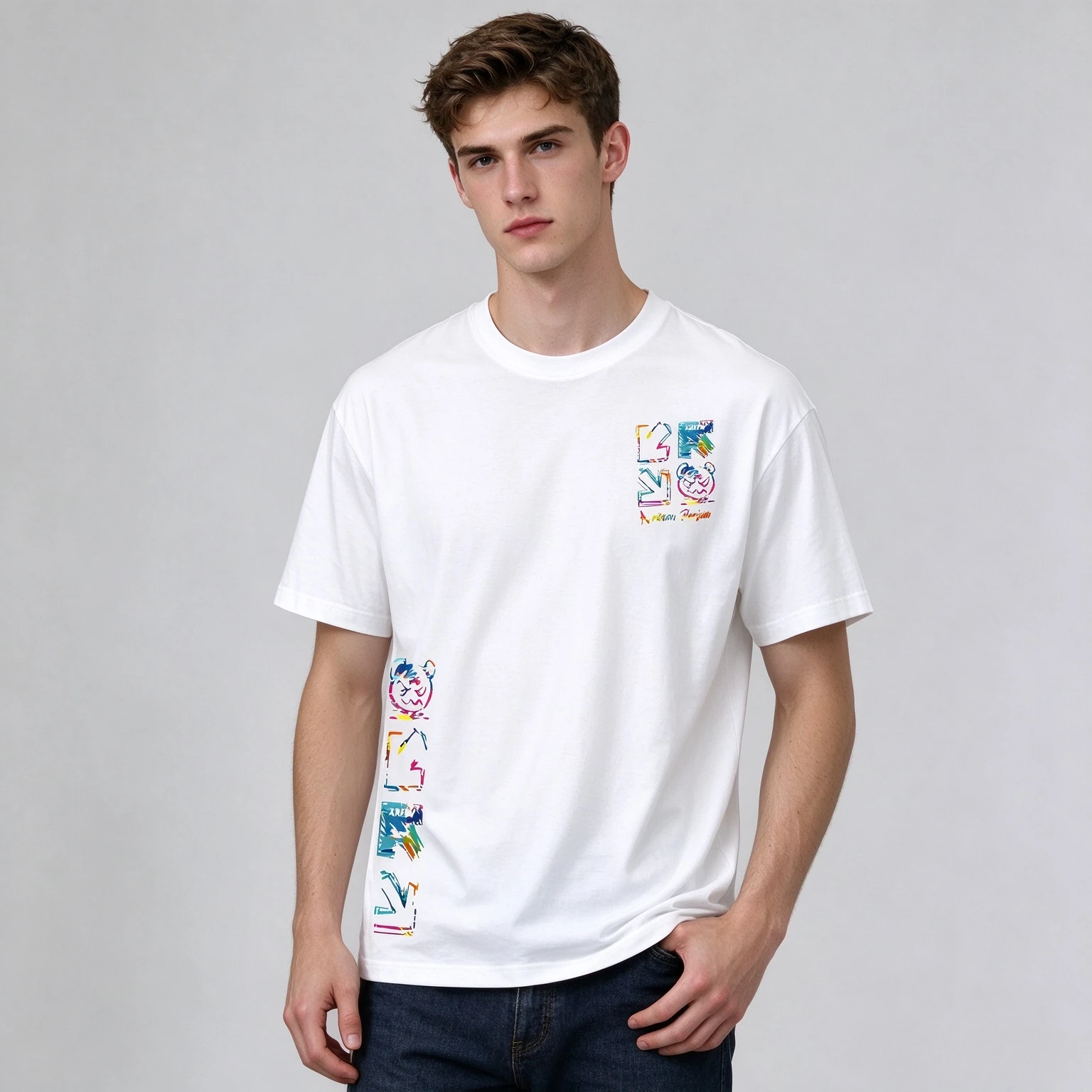Colorful Graffiti Bear and Arrow Print on Premium Soft Cotton Mens T Shirt Perfect for Summer Streetwear and Casual Style