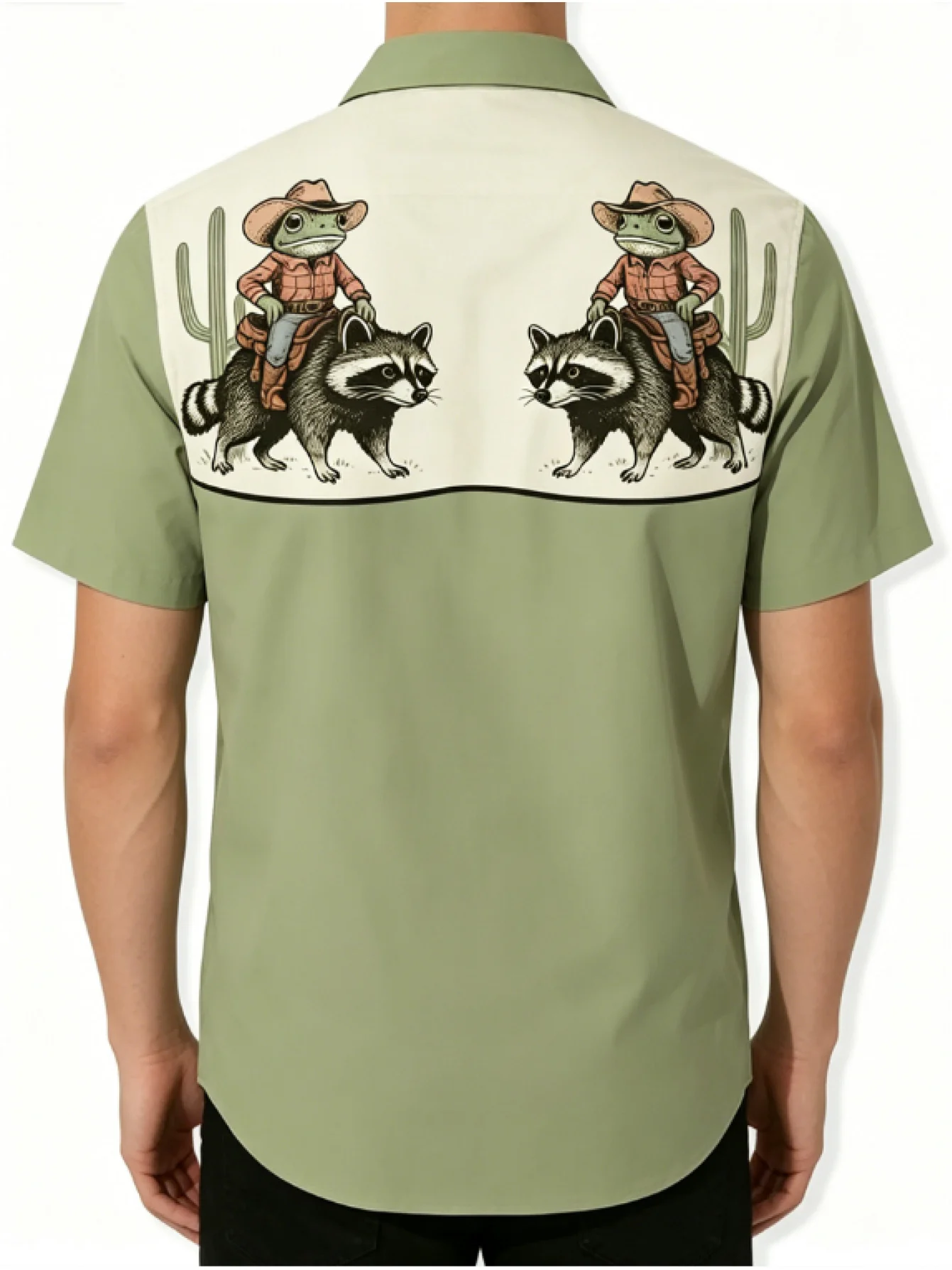 Men Short Sleeve Shirt Western Cowboy Frog Raccoon Cactus Print Turn‑Down Collar Button‑Up Summer Beach Top