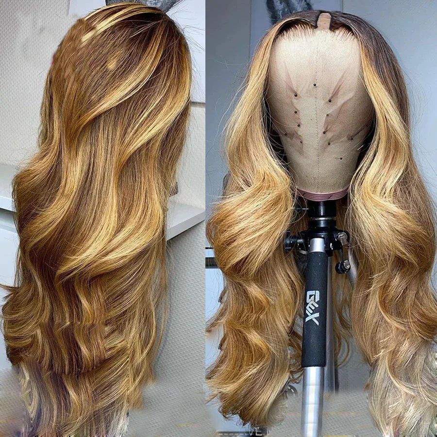 Highlight Honey Golden Blonde Loose Wave V Part Wigs Wavy Dark Brown100% Human Hair Wig Unprocessed Middle Open U Shape Full End