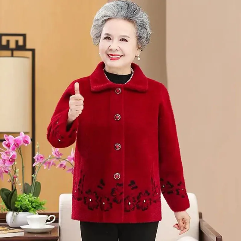 Elderly People Autumn Winter Coat Large Size Grandma\'s Imitation Mink Velvet Sweater Women\'s Knitted Cardigan Jacket Mother Tops