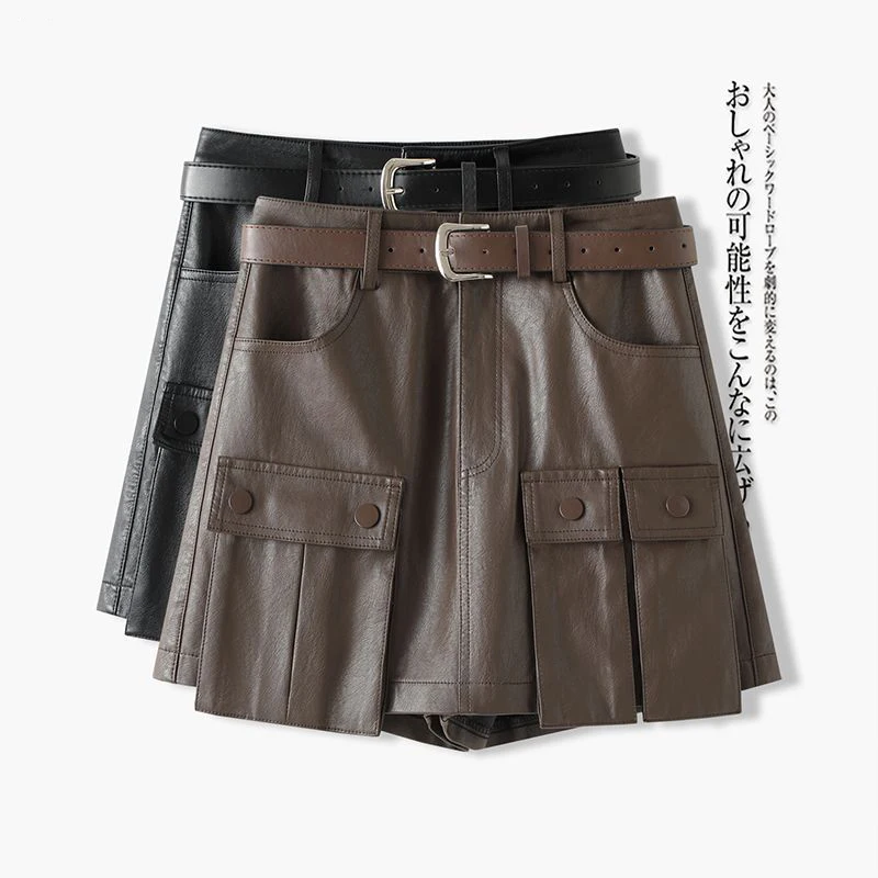 American Vintage Street Cargo Skort Women Pu Leather Black Casual Skort Harajuku Y2K High Waisted Chic Gothic Female Skort