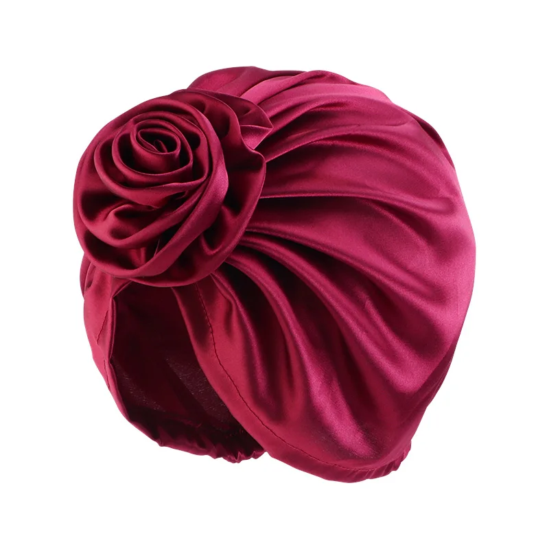 Silky flower Turban Hat Fashion Female satin Bandana Headband Women\'s Hair Cover Cap Ladies Head Wraps Muslim Headscarf Bonnet