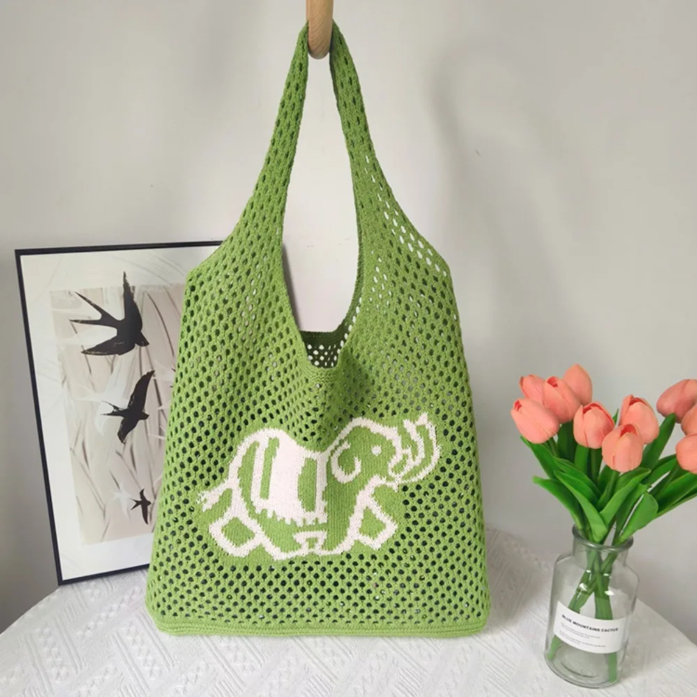 

Shoulder Bag Sweet Woven Tote Bag Elephant Hollow Out Shopping Straw Bag Polyester Crochet Summer Beach Handbag Spring