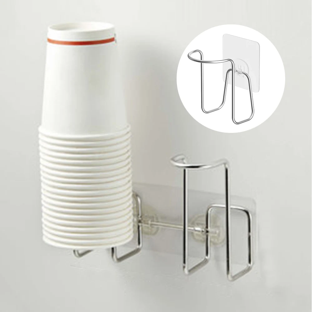 Disposable Paper Cups Holder Stainless Self-Adhesive Cups Holder Water Cup Storage Organizer Wall Mounted Rack Hooks Accessories