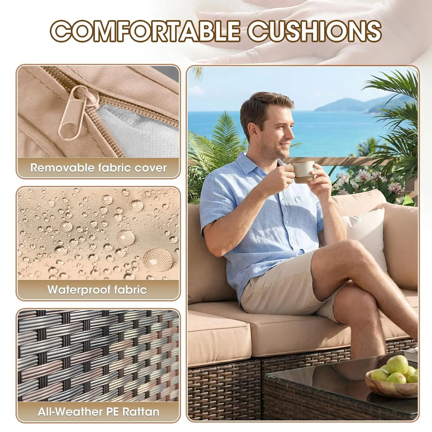 7 Piece Outdoor Sectional Sofa Set with 44" Fire Pit Table, PE Rattan Patio Furniture with 4" Cushions, Customized