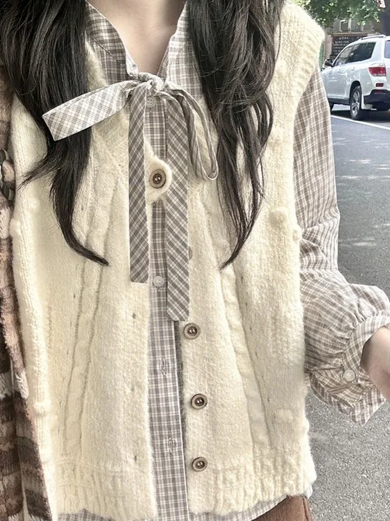 

Korean Style College Fashion Checkered Shirt Knitted Vest Knot Belted Autumn Winter Casual Wear Women's Ensemble