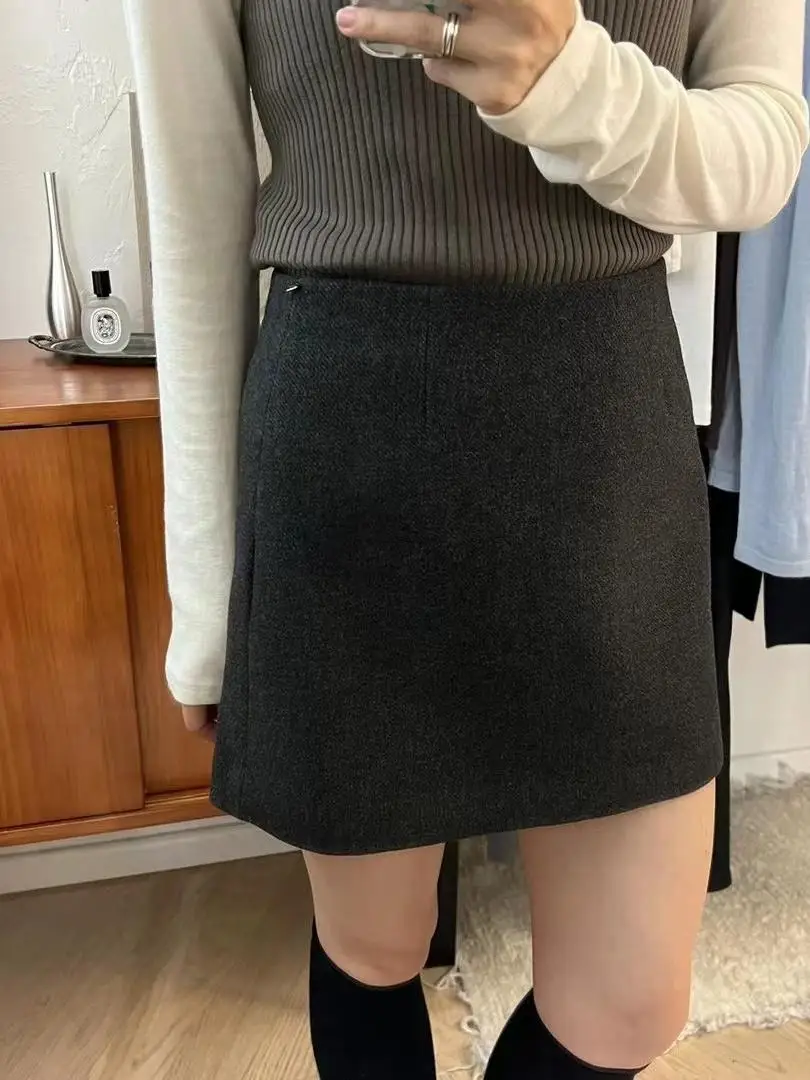 Saia  de Lã de Cintura Alta em A para Mulheres, Estilo Versátil e E, encial para o Outono/Inverno K609