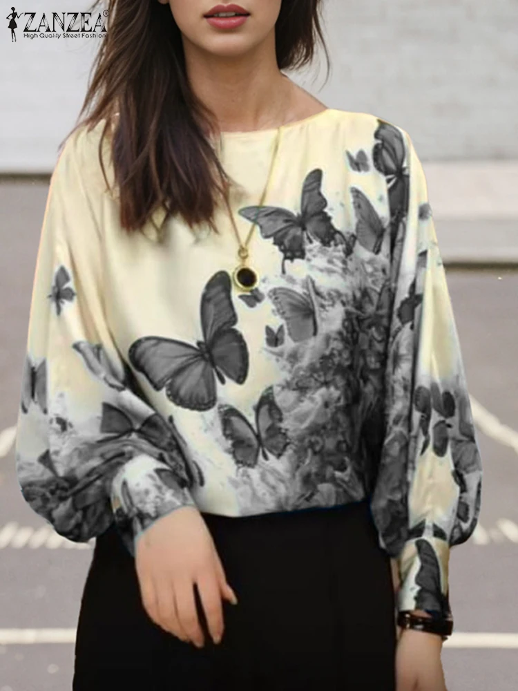 Women Butterflies Printed Shirt Fashion Long Lantern Sleeve Blouse ZANZEA Vintage Office Lady Tops Bohemian Buttons 2024 Blusas