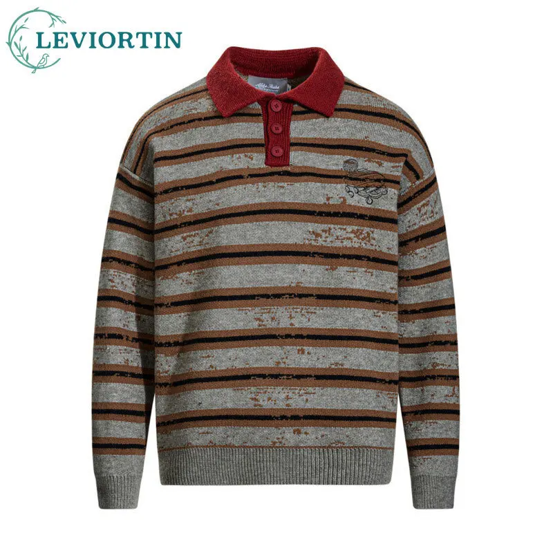 

Men's Spring and Autumn Jacquard Loose Casual Long Sleeve POLO Knitted Sweater American Retro Contrast Stripe Collar Sweater