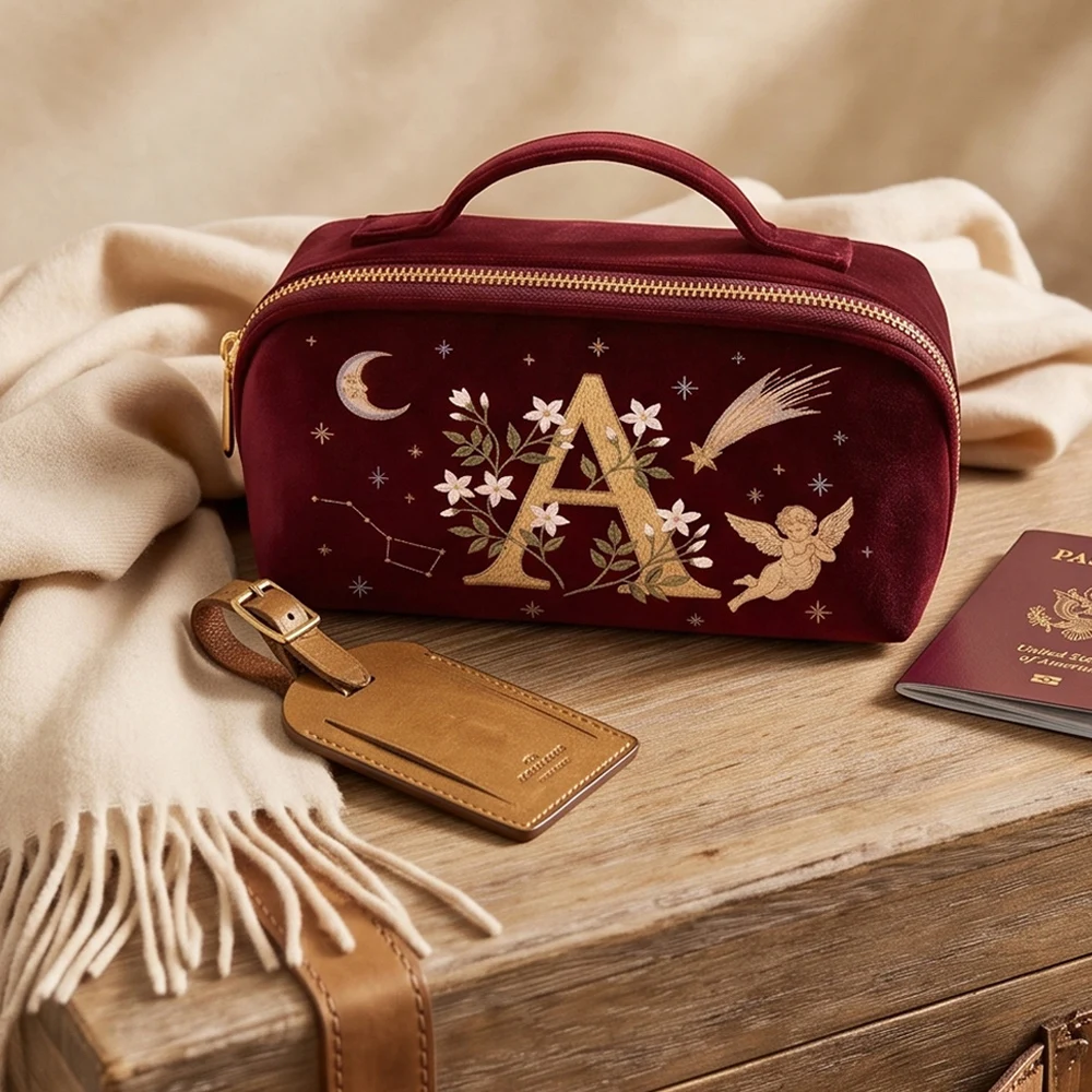 Fashion Velvet Cosmetic Bag for Women Travel Friendly Imitation Embroidery Style Luxury Makeup Pouch Gift