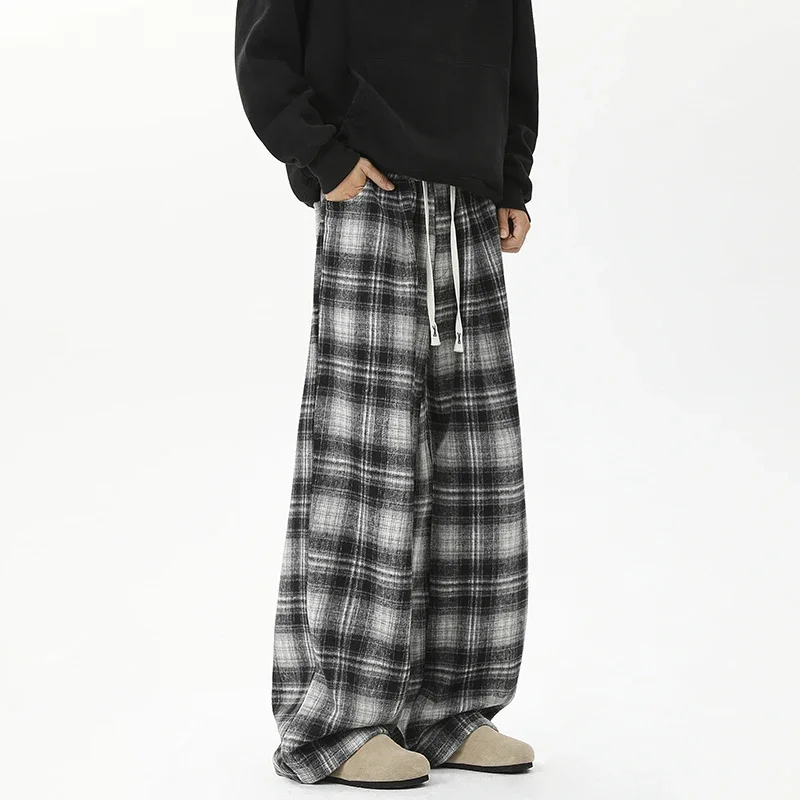American Retro Checkered Casual Pants for Men Tide Wide Leg Casual Pants Hip-hop Streetwear Baggy Trousers