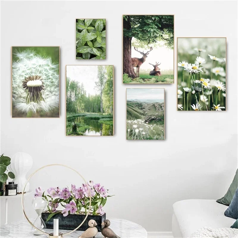 Nordic Spring Landscape Canvas PaintingPoster Wild Flower Animal Fox Elk Squirrel Nature Dandelion  Modern Picture Home Decor