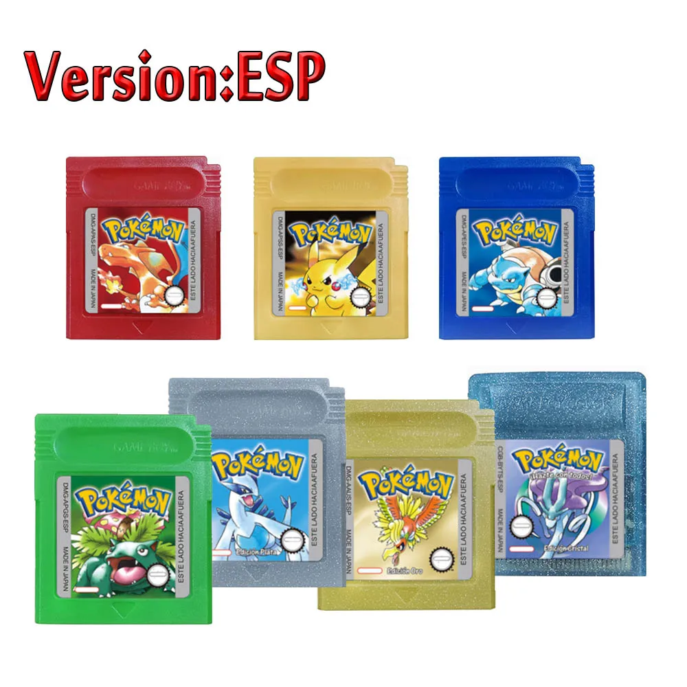Energiesparende 5-Sprachen-Version Pokemon GBC Spiel Rot/Kristall/Blau/Gelb/Gold/Grün/Silber Videospielkassette