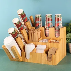 Solid Wood Coffee Milk Tea Cup Holder Disposable Paper Cup Dispenser Bar Paper Towel Straw Sundries Storage Box Kitchen Utensils