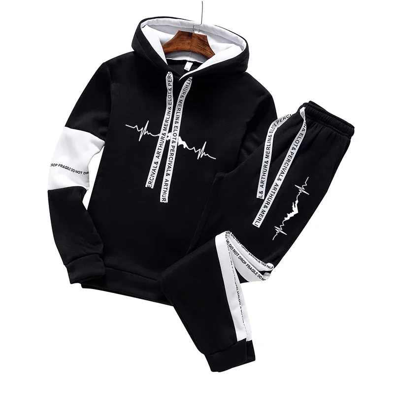 

Casual Mens Tracksuit Printing Hooded Sweatshirts Pants Set Daily Sports Jogging Man Clothing Autumn Winter Black White Outfits