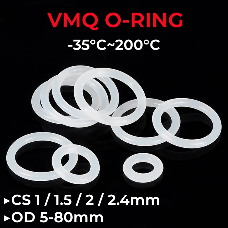 VMQ White Silicone O-Ring OD 5-80mm Thickness CS 1/1.5/2/2.4mm Heat Resistant Food Grade Waterproof Washer Rubber Gasket