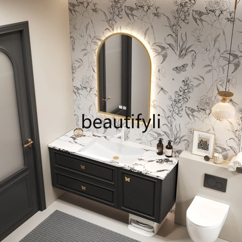 

Sweeping storage Bathroom cabinet combination French retro seamless washbasin Solid wood American sink