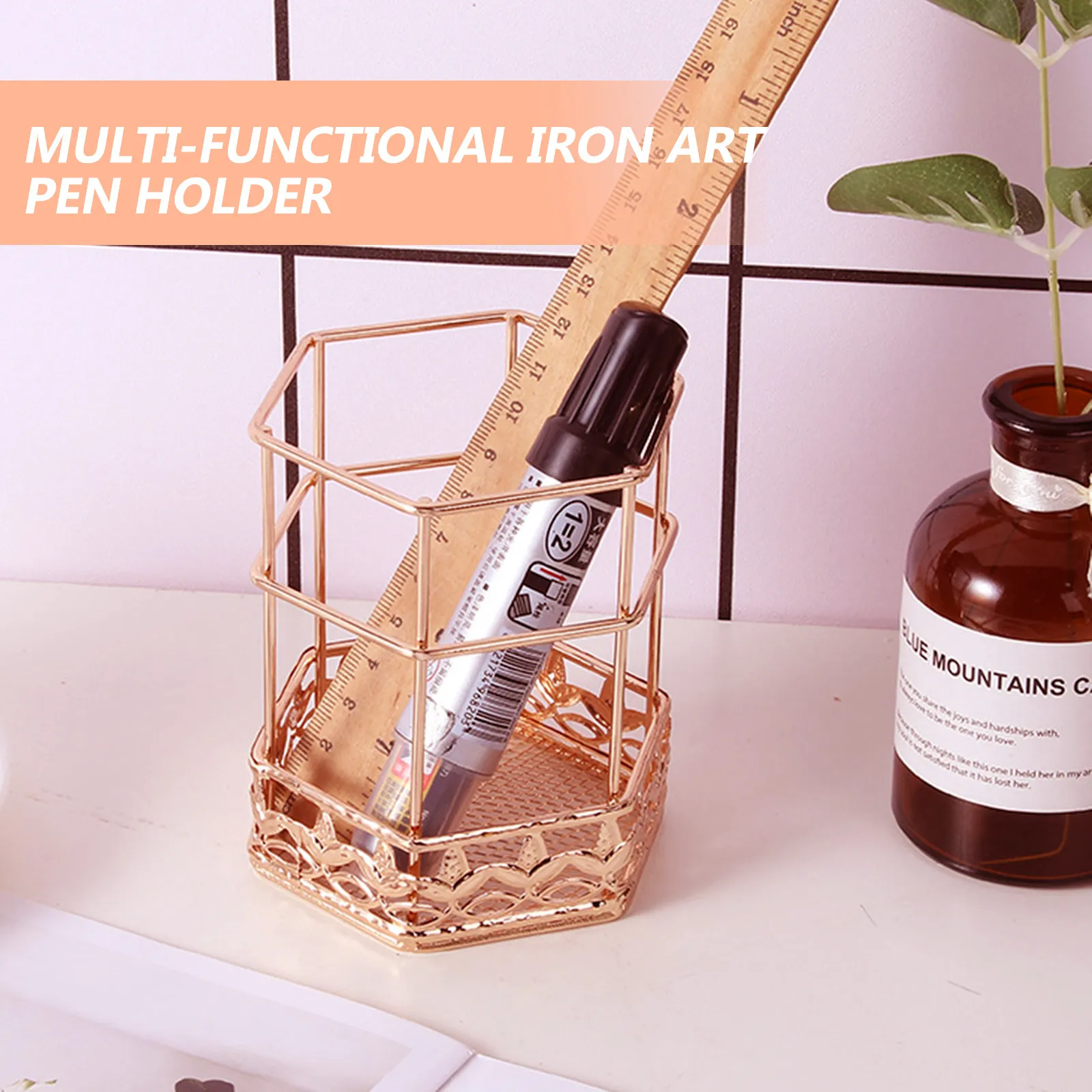 Rose Gold Pen Holder High-Grade Iron Decorative Metal Desk Organizer Makeup Brush Holder Stylish Pencil Stationery Container