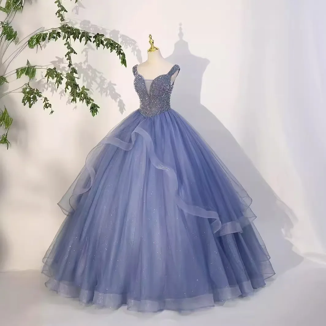 Robes de Quinceanera mexicaines bleues poussiéreuses de luxe, robe de Rhcorset perlé à paillettes, robe de Rhde fête d'anniversaire, 15 ans