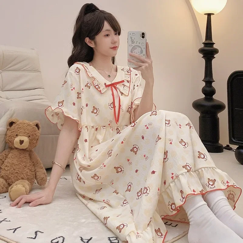 Ins Trend 140kg Large Size Loose Home Dress Women\'s Summer Thin Pajamas Loungewear Students Short Sleeve Princess Sleepshirts