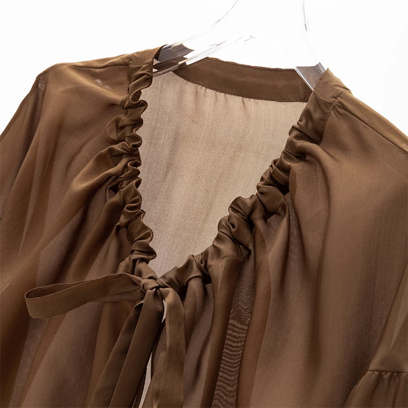 Women Silk Cardigan 100% Mulberry Silk Coffee Lantern Sleeve Bow-tied Neck Loose Type Cappa Shawl Blouse Top Coat M1076