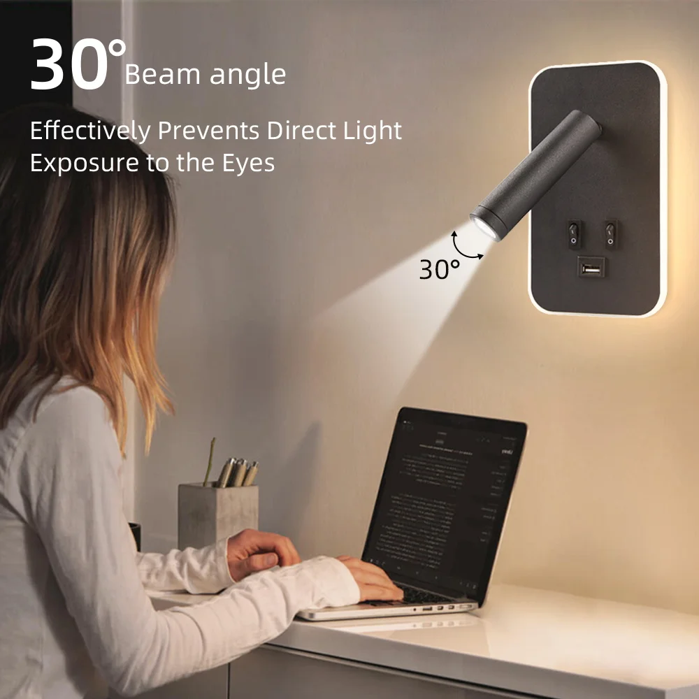 Imagem -03 - Usb Recarregável Led Lâmpada de Parede Cabeceira Wall Sconce Leitura Spot Light Rotativo Quarto Home Decor Ajustável