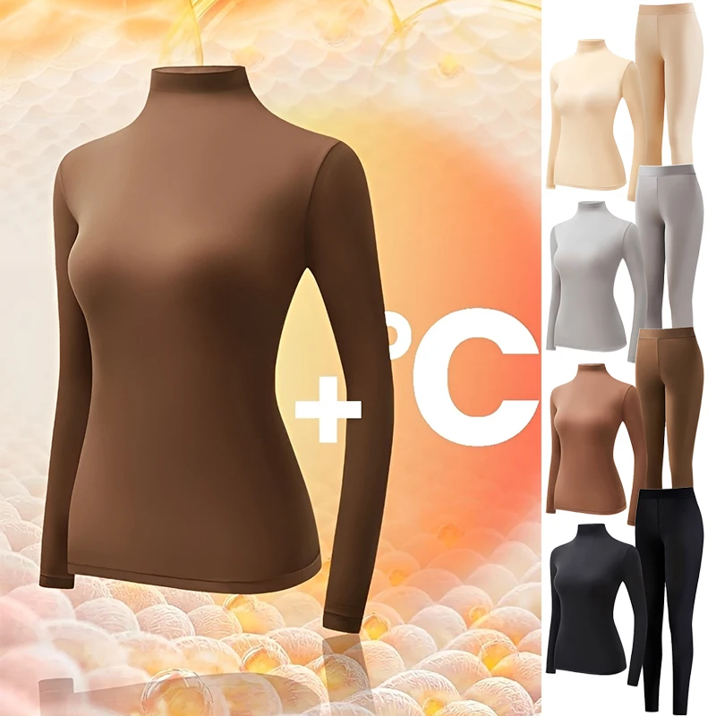 FINETOO Damen Thermo-Unterwäsche-Set mit hohem Kragen, ultradünn, nahtlos, hautfreundlich, hochelastisch, warme Basisschicht für Damen