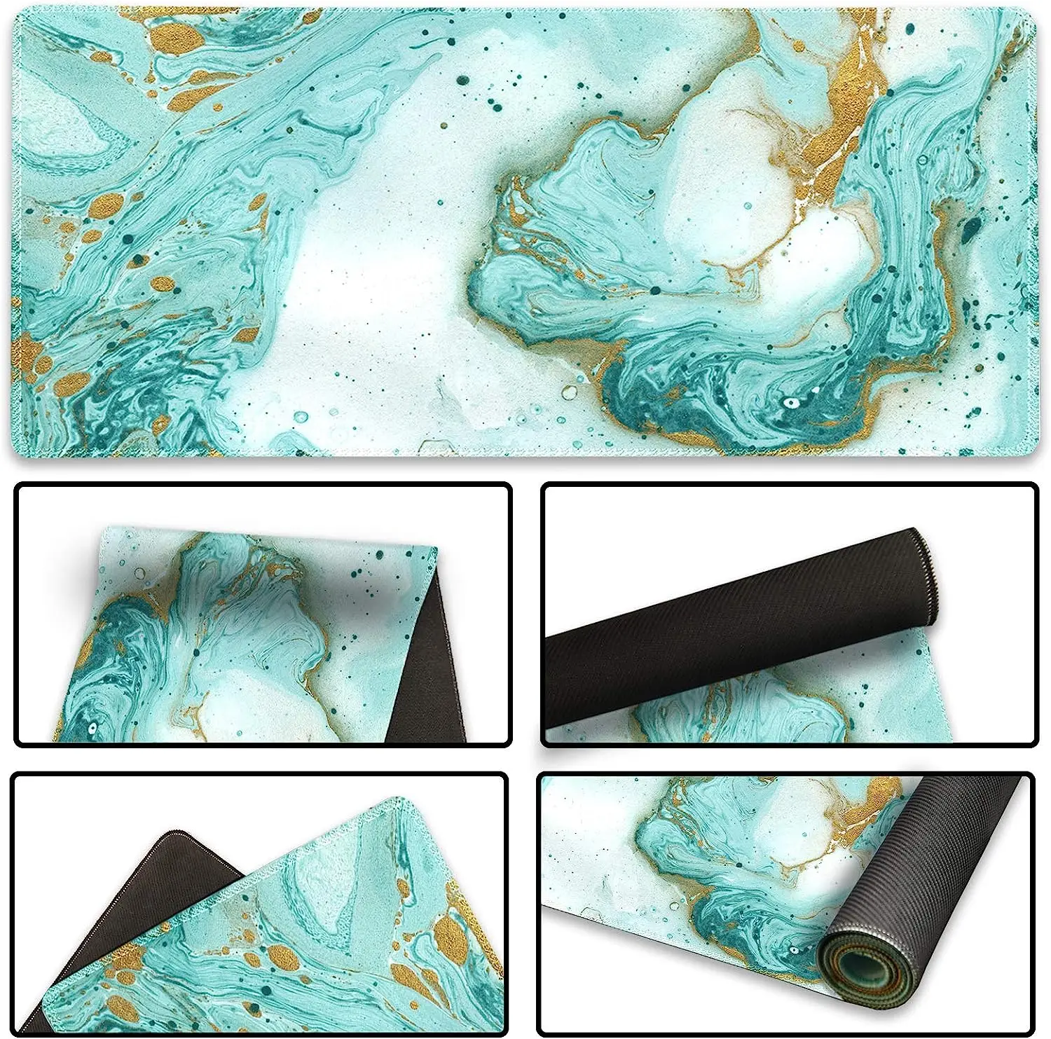 Extended Gaming Mouse Pad XXL  Large Long Mousepad Non Slip Rubber Base Stitched Edges 35.1 x 15.7 in Teal Turqoise Marble