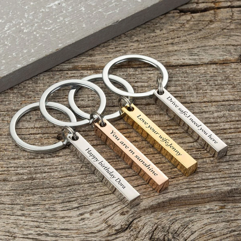 New Keychain Custom All Sides Engraved Name Vertical Strip Keychains for Men Personalized Gift Trendy Accessories Llavero Hombre