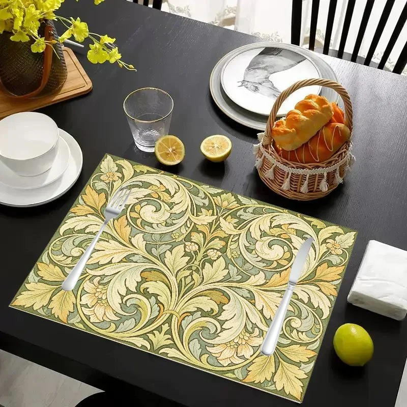VIKAMA Placemat Retro Scroll Floral Green Print, Waterproof Oil-Proof Heat-Resistant Dining Table Mat for Home