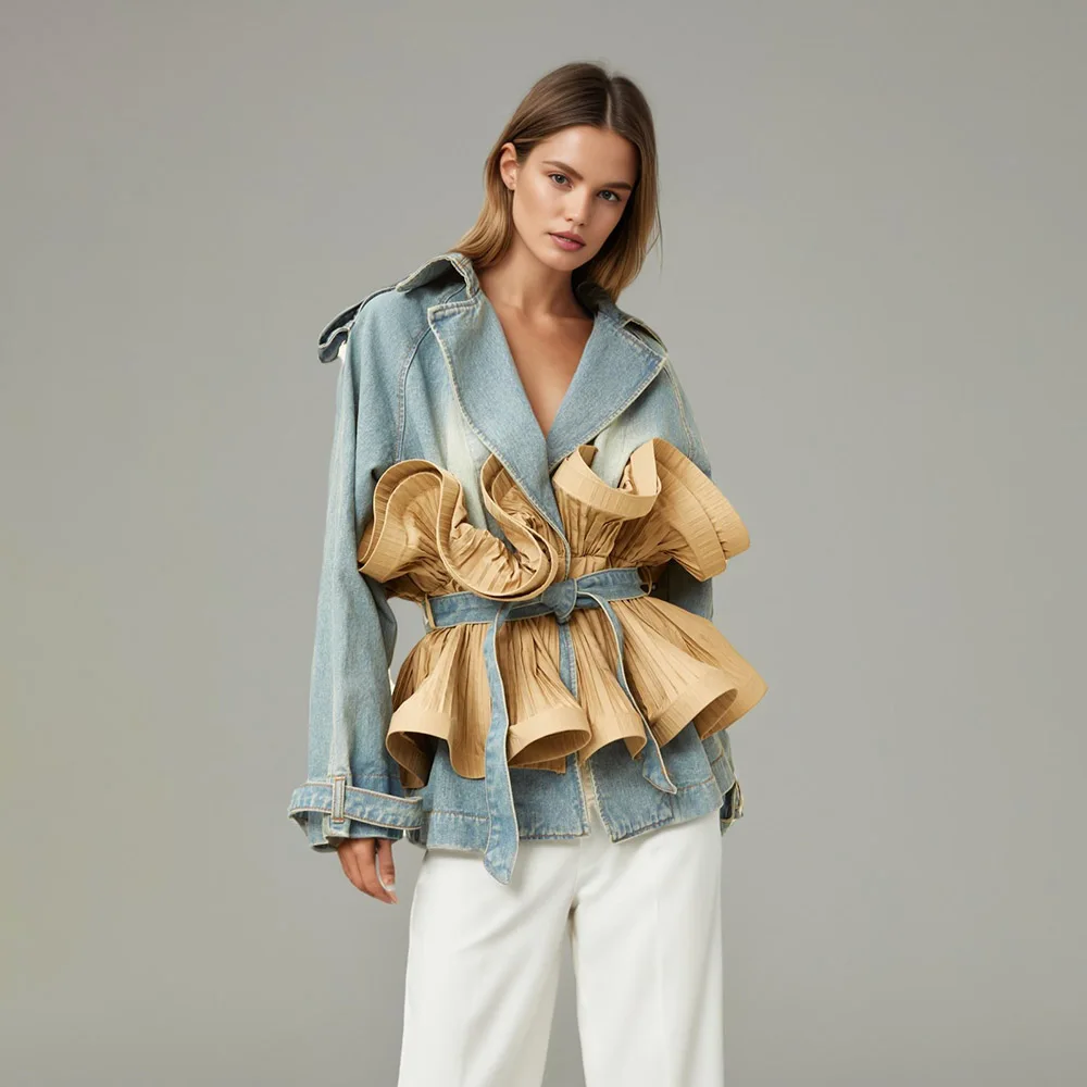 

Hit Color Patchwork Ruffles Casual Denim Jackets For Women Lapel Long Sleeve Spliced Lace Up Tunic Coats Female Fashion New